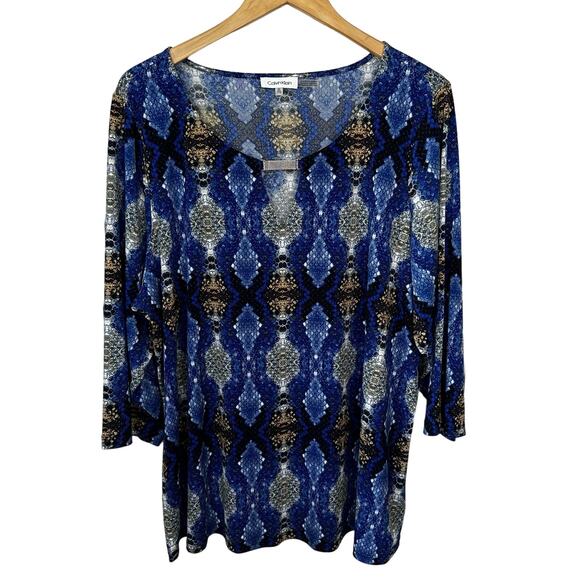 Calvin Klein Women's Blouse Plus Size 2X‎ Blue Snakeskin Print Keyhole Front Top - Picture 1 of 9